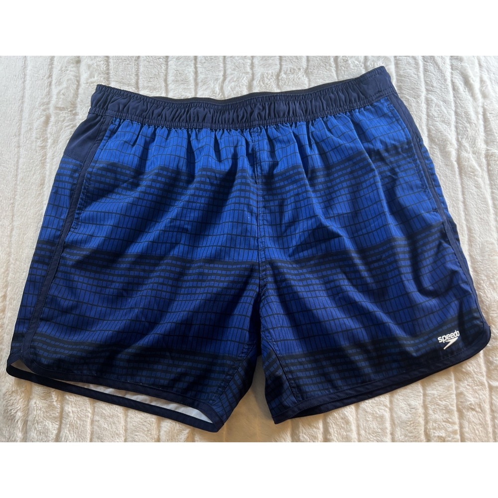 Speedo‎ Men's Athletic Swim Trunks Size XL Blue Black Drawstring Pockets Lined